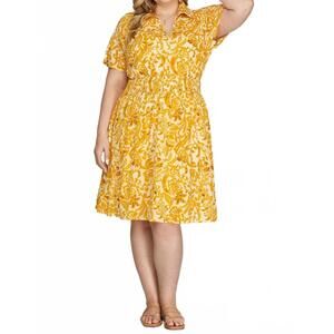 NEW VANILLA MONKEY short drop sleeve print collared dress - plus in sunflower